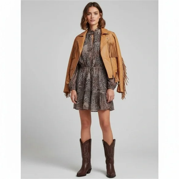 House Of Harlow 1960 Dress Boho Long Sleeve Mini Dress Brown Gold Sparkle size 8 - Picture 4 of 16